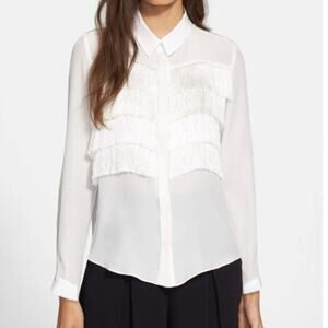 Rebecca Minkoff White Fringe Button-Up Blouse